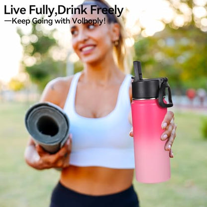 Volhoply Kids Insulated Water Bottle with Straw,16oz Stainless Steel Cold Water Bottles for School,BPA-Free Metal Wide Mouth Cups with Handle Lid,Reusable Double Wall Vacuum Sport Flask(Peach,1) - color: Peach