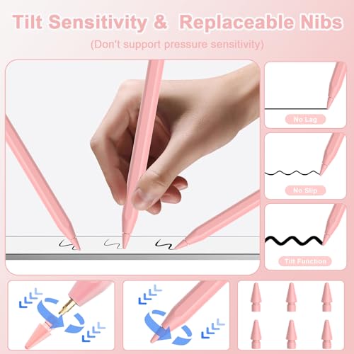Stylus Pen for iPad, Magnetic Wireless Charging & USB C Fast Charge Pencil Compatible with Apple iPad (A16)11/10/9/8/7/6th Generation, Pro 13"/12.9"/11", Air M3/M2/5/4/3, Mini (A17 Pro)7/6/5 Gen Pink - color: Pink+6pcs Replacement Nibs