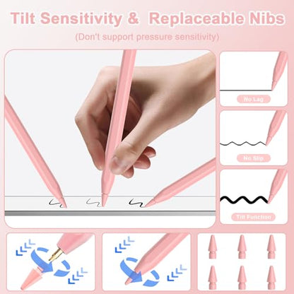 Stylus Pen for iPad, Magnetic Wireless Charging & USB C Fast Charge Pencil Compatible with Apple iPad (A16)11/10/9/8/7/6th Generation, Pro 13"/12.9"/11", Air M3/M2/5/4/3, Mini (A17 Pro)7/6/5 Gen Pink - color: Pink+6pcs Replacement Nibs