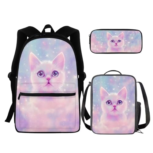 BIGCARJOB Cat School Bags for Girls Backpack Thermal Lunch Box Back to School Pencil Holder for Kids 8-15 Year School Bookbags Set for Primary Elementary - color: Cute Cat, size: One Size