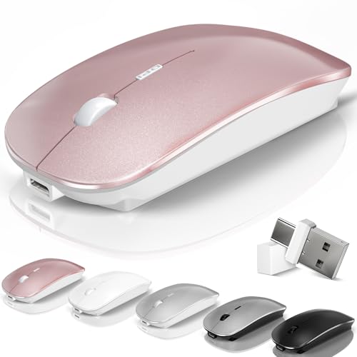 Wireless Bluetooth Mouse for Mac Air MacBook Pro Laptop PC Pad with Jiggler | Wireless Optical Rechargeable Silent Computer Mouse Dual Mode Switch Bluetooth 5.2/3.0 & 2.4G USB-A Type-C Receiver Rose Gold - color: 1.Bluetooth Wireless Mouse (Rose Gold)