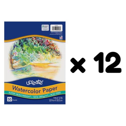 UCREATE 140 lb. Watercolor Paper, White, 9" x 12", 50 Sheets/Pack, 12 Packs | Super Heavyweight, Acid Free, Wet and Mixed Media - size: 9" x 12" (Pack of 12)