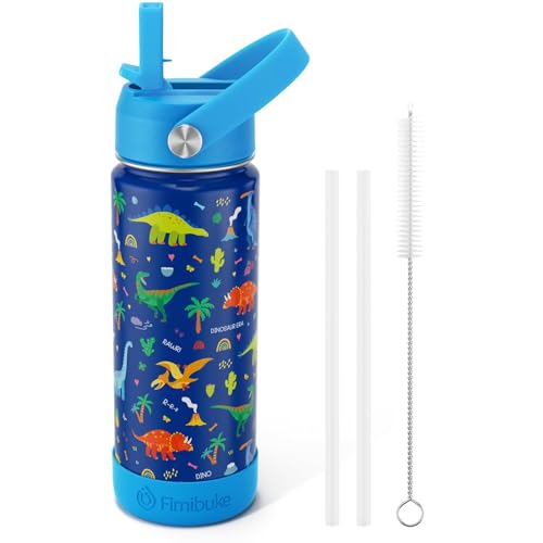 Fimibuke Kids Insulated Water Bottle, 18oz BPA FREE 18/8 Stainless Steel Kid Cup with Straw Travel Tumbler Double Wall Vacuum Leak Proof Toddler Water Bottle for School Boy Girl(1 Pack,Blue Dinosaur) - color: A11. Blue Dinosaur