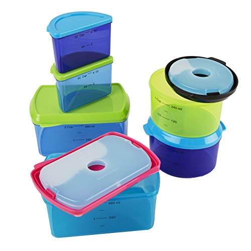 Fit & Fresh Kids' Reusable Lunch Box Container Set with Built-In Ice Packs, 14-Piece Healthy Lunch and Snack Kit, BPA-Free Microwave Safe, Portion Control - style: Multiconored