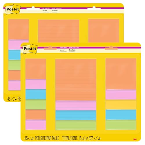 Post-It Super Sticky Notes Multi-Size Supernova Neons 2 Pack (2 x 15 Pads, 45 Sheets Each = 30 Pads, 1350 Sheets) Sticky Notes for Walls, Doors, Windows and Planners at Home and Office - size: 2 Pack