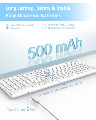 FENIFOX Wireless Keyboard, Bluetooth & 2.4G USB & USB-C Rechargeable Silent Ultra Quiet Low Profile Compact Full Size with Number Pad Soft Multi Device for Mac MacBook Windows PC - White - color: White