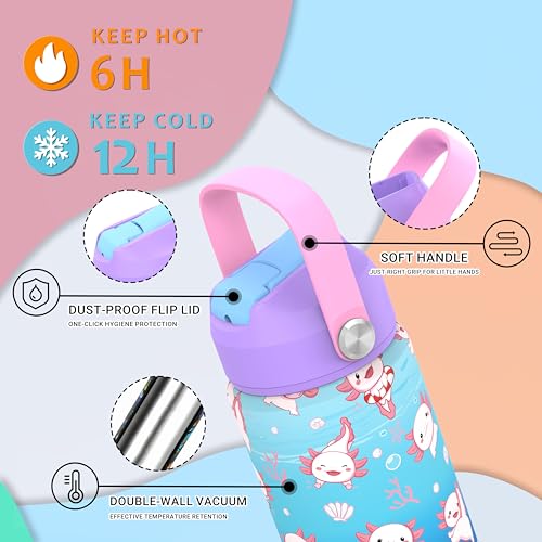 Boys Girls Axolotls Water Bottle for School，Kids 18 oz Insulated Stainless Steel Cup with Straw, Double-Wall Vacuum Leakproof Salamander - color: C15.Axolotls