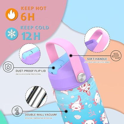 Boys Girls Axolotls Water Bottle for School，Kids 18 oz Insulated Stainless Steel Cup with Straw, Double-Wall Vacuum Leakproof Salamander - color: C15.Axolotls
