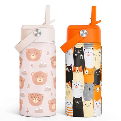 Kid Water Bottle 12oz with Straw Lid - 2-Pack Insulated Stainless Steel Water Bottles for Kids Girls Boys - Travel Cup for Back to School Sports Christmas Birthday (Cat & Bear) - color: Cat + Bear