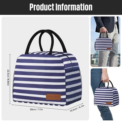douyadady Lunch Bag Women/Men Lunch Box Women/Men (Dark blue+White Stripes) | Spacious Lightweight Waterproof Sturdy Durable Great Value For Office Work School Picnic Travel - color: Dark blue+White Stripes