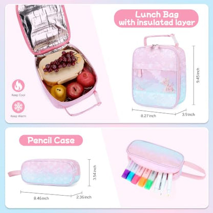 Jafeton Backpacks for Girls, Girls Backpack with Insulated Lunch Bag and Pencil Case for Kids Teens Elementary Middle High School Student, Cute Bow School Bag Travel Daypacks Book Bag Set - color: Pink Blue