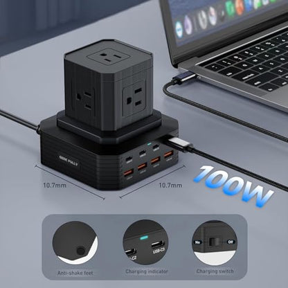 Charging Station (100W), 13-in-1 USB C Power Strip with Surge Protection, 6.6Ft Extension Cord, 4 USB C and 4 USB A Ports, 5 AC Outlets for Home Office Dorm Room - size: Single-Deck
