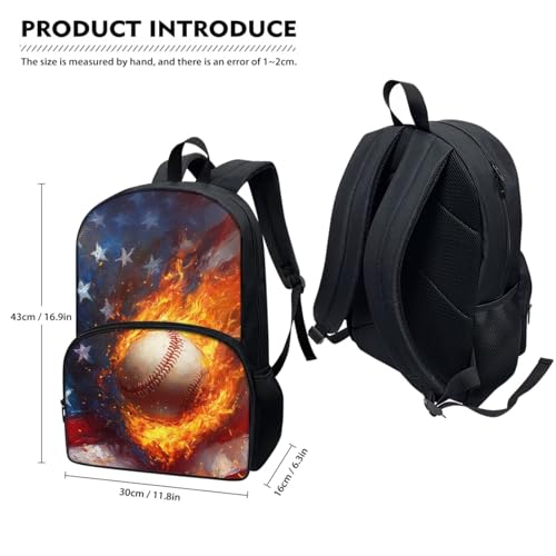Horeset Baseball Flame American Flag Backpack for Kids Boys Travel Casual Backpack with Picnic Lunch Box Water Holder Case Primary Elementary School Bag Bookbag Set of 3Pcs 5-8 8-10 Years - color: Baseball Flame American Flag