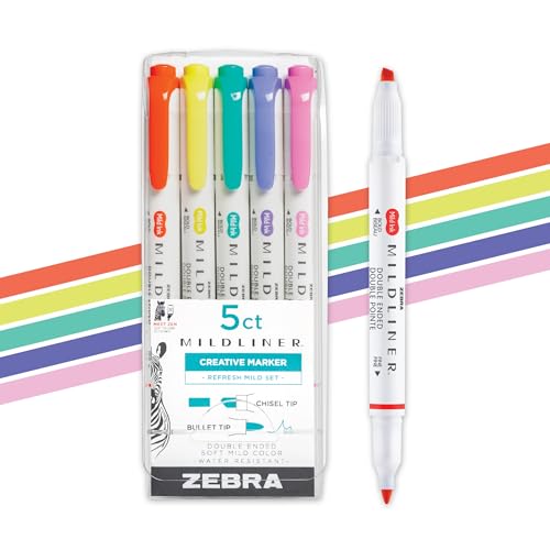 Zebra Pen Mildliner Dual-Tip Highlighter Set, Broad and Fine Tips, No Bleed, Ideal for Bible Highlighting, Journaling, Note-Taking and School Supplies, Assorted Bright Ink Colors, 5-Pack (78405) - color: Refresh