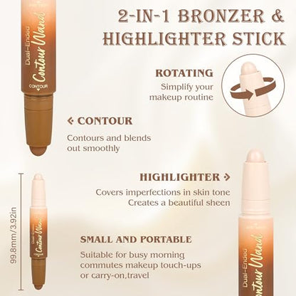 Contour Highlighter Stick，2-in-1 Dual-Ended Cream Bronzer & Highlighter Sticks Pen for Face Body Contouring Makeup- Buildable，Waterproof, Easy to Apply Suitable for Beginners，04Nude Brown+Nude - color: A04#Rich