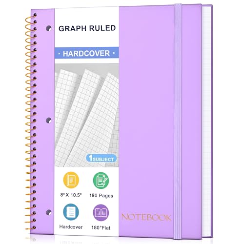 Spiral Notebook Graph Ruled Paper 8" x 10 1/2", 1 Subject Spiral Grid Notebook 3-Hole Punched Perforated Page Ideal for School, Office, Writing, 95 Sheets Lined Journaling Graphing Notebook, Purple - color: Purple, size: Graph Paper