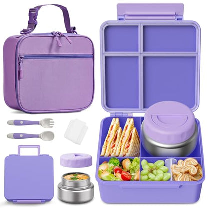 Bento Box for Kids with Thermo Food Container (9oz), 4-Compartment Lunch Box, Adjustable Divider, Leakproof Bento Lunch Box, Includes Utensils & Carry Bag for School, Office(Purple) - color: Pink