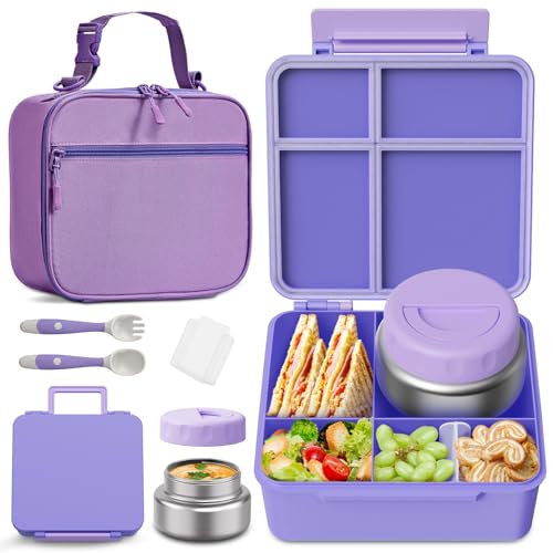 Bento Box for Kids with Thermo Food Container (9oz), 4-Compartment Lunch Box, Adjustable Divider, Leakproof Bento Lunch Box, Includes Utensils & Carry Bag for School, Office(Purple) - color: Pink