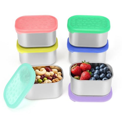 SOPHICO Stainless Steel Snack Containers for Kids, 8 oz Small Food Storage Container with Silicone Lid - Perfect 304 Metal Toddler Lunch Box for Daycare and School, Leak Proof (6 Pack) - color: 8oz, 6 Pack, Mix2