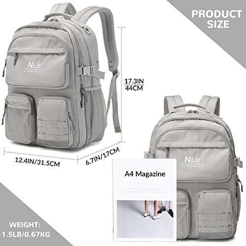 Water Resistant Backpack for Teen Girls Boys Students, Casual Multi Pockets Daypack with 15.6 inch Laptop pocket for Travel School College (Grey) - color: Grey With Embroidery