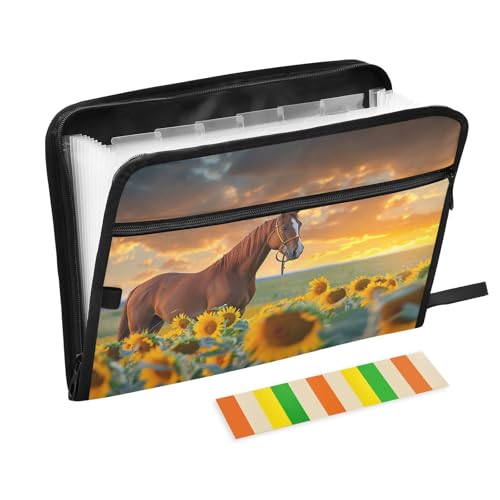 Sunflower Horse Expanding File Folder with Color Bar Label 13 Pocket Accordion Document Organizer Zip File with Zipper Closure Front Pocket - color: Sunflower Horse