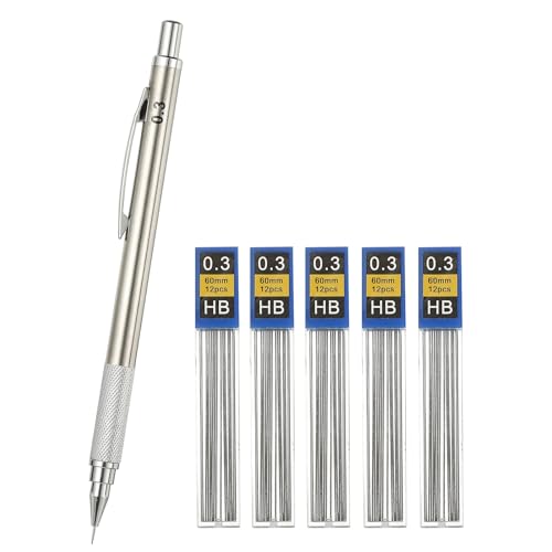 PATIKIL Mechanical Pencil 0.3mm, Lead Pencils Mechanical Holder Fine Point Automatic Metal Holder with 5Pcs Refills for Drawing Art Sketching Woodworking, Silver - color: Silver, size: 0.3mm