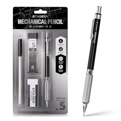 STAGEEK 0.5mm Mechanical Pencil, Metal Art & Drafting Pencil with Eraser and 60 HB Lead Refills, Professional Drawing Pencil for Artists, Students, School, Office, Writing, Sketching, Drafting(Black) - color: Black