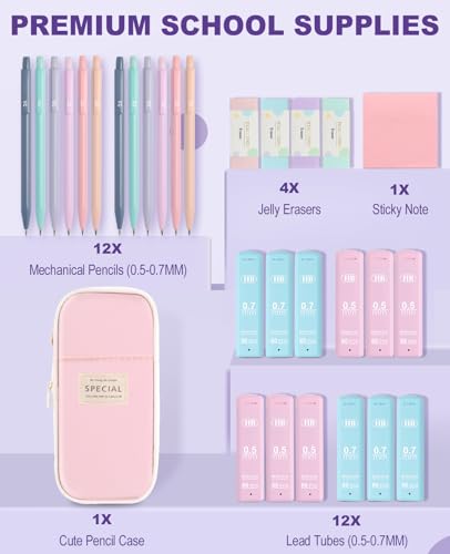 Aesthetic School Supplies with Cute Pencil Case, 12x Pastel Mechanical Pencils 0.5 & 0.7mm with 720x HB Leads, 4x Erasers and 1x Sticky Note, Suitable for Writing, Drafting Drawing Sketching(pink) - color: Pink