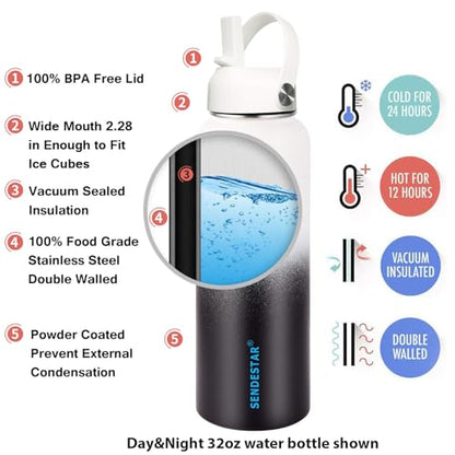 SENDESTAR Water Bottle 32oz Double Wall Vacuum Insulated Leak Proof Stainless Steel Sports Water Bottle—Wide Mouth with New Flex Straw Lid & Spout Lid (Day&Night) - color: Day&Night-A, size: 32 Ounces