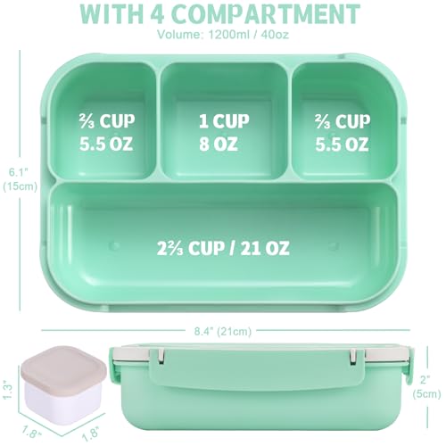 shell and turtle Bento Box Adult Lunch Box, Lunch Containers for Kids Girls Boys with 4 Compartments, Lunchable Food Container with Utensils, Sauce Jar, Muffin Liners, 40 Oz/5 Cup, Seafoam Green - color: Seafoam Green