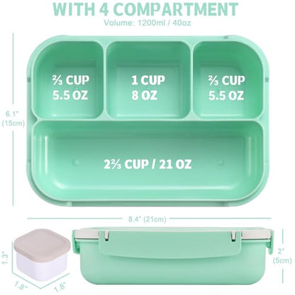 shell and turtle Bento Box Adult Lunch Box, Lunch Containers for Kids Girls Boys with 4 Compartments, Lunchable Food Container with Utensils, Sauce Jar, Muffin Liners, 40 Oz/5 Cup, Seafoam Green - color: Seafoam Green