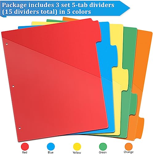 V-Opitos 5-tab Index Dividers with 3 Holes Punched, Set of 3 Plastic Dividers with Clear Front Pocket, Multicolor Dividers for 3 Ring Binders, 15 Pcs Dividers for School & Office Supplies
