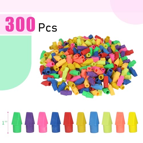 300 Pack Pencil Top Erasers Bulk 10 Colors and Cap Erasers for Pencils for Kids, Students