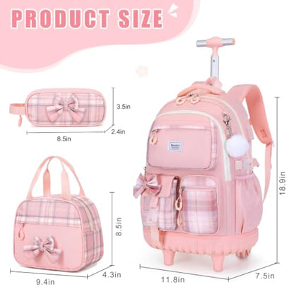 Bevalsa Rolling Backpack for Girls, Roller Backpack with Wheels, Cute Bow Plaid Wheeled School Bookbag Set with Lunch Bag & Pen Case, Suitcases for Kids Teens Elementary Middle Student (Pink) - color: Pink Plaid