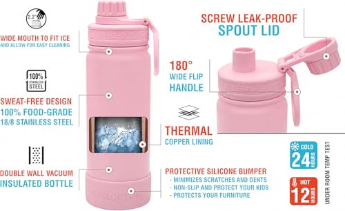 CHILLOUT LIFE 17oz Kids Insulated Stainless Steel Water Bottle with Leak Proof Spout Lid & 144 Stickers - color: Blush Pink, style: 17 oz