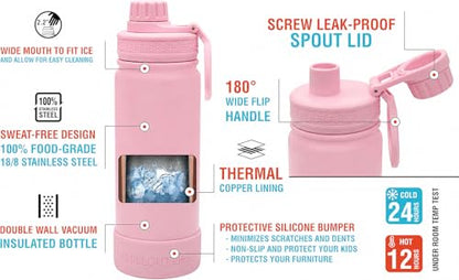 CHILLOUT LIFE 17oz Kids Insulated Stainless Steel Water Bottle with Leak Proof Spout Lid & 144 Stickers - color: Blush Pink, style: 17 oz