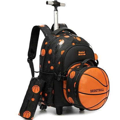 Kids Rolling Backpack Roller Backpack with Wheels Elementary Kindergarten Students Basketball Trolley School Bag for School Boys - color: Orange