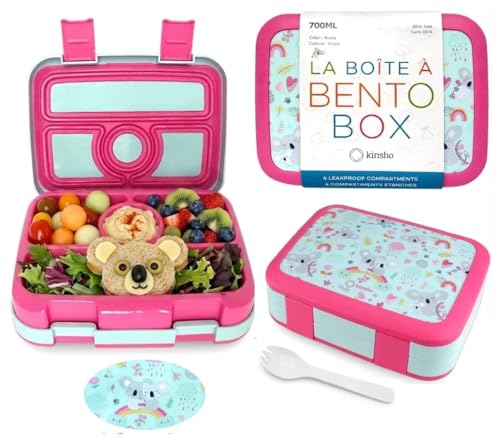 kinsho Bento Lunch Box for Kids Toddlers Girls, 4 Portion Sections Secure Lid, Microwave Safe BPA Free Removable Tray, Pre-School Kid Daycare Lunches Snack Container Ages 3 to 5, Pink Koala - color: Koala Bento