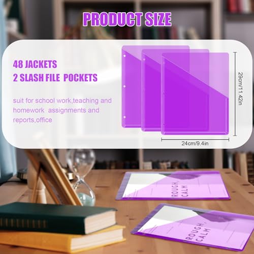 Seajan 48 Pcs Pocket Folders for 3 Ring Binder Clear Plastic Folders Sleeves with 2 Pockets 3 Hole Punch Binder Dividers Poly Slash File Jackets for Office School Document Organizer (Purple) - color: Purple