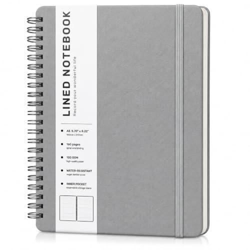 Lined Spiral Notebook for Women, A5 College Ruled Leather Spiral Journals | 160 Pages Small Journaling Notebooks, 5.7"x11" Note Book for Writing, Work, School, Men, Hardcover Leather Journals, Gray - color: Light Gray, size: A5
