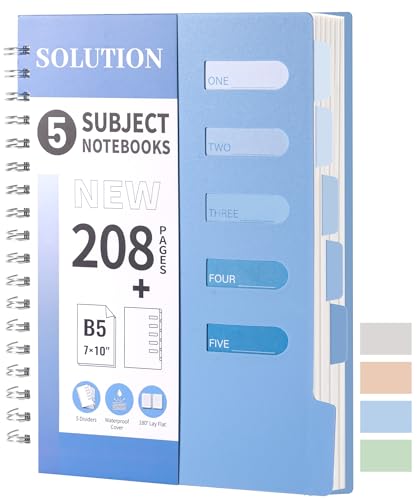 5 Subject Notebook Wide Ruled Spiral Notebook with Dividers, 7x10,Blue | 208 Pages, Waterproof Plastic Cover 80GSM Thick Paper,Removal Notebooks for School Work - color: 4.blue, size: 2.B5-Wide Ruled