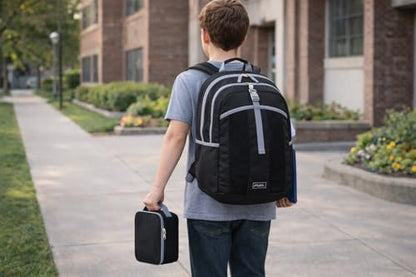 FUEL Lunch Backpack Set Teens Student Water Resistant Bookbag Bag Soft Reusable Insulated Cooler Lunch Box Thermal Travel Office Lunch Bag, Black - color: Black W/ Grey
