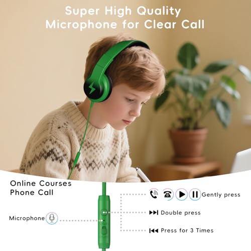 Candy Bila Kids Headphones, Wired Headphones for Kids Over Ear with Microphone, Foldable Headphone for Learning & Entertainment, Black and Green - color: Black and Green