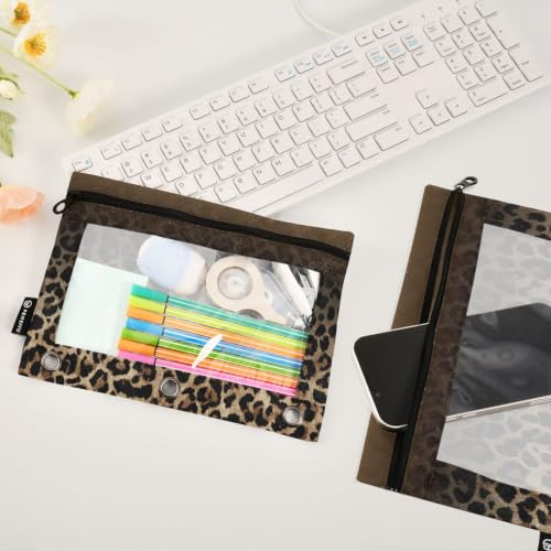 Gredecor 3 Ring Binder Pencil Pouch, Gradient Brown Leopard Cheetah Zippered Pen Case Pouches with Clear Window, 2 Pack Stylish Office & School Supplie - color: Gradient Brown Leopard Cheetah