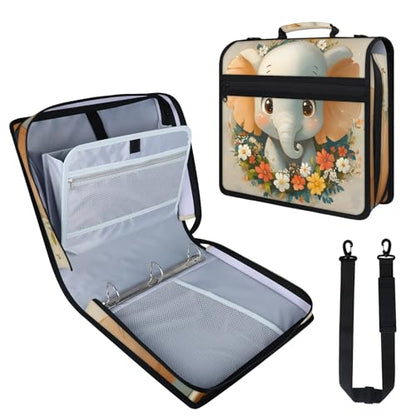 Cute Elephant Animal Zipper Binder, 3 D-Ring Expanding File Folder with Handle & Adjustable Shoulder Strap, 400 Sheets Capacity Multi-Pocket Organizer for 13 Inch Laptop - color: Cute Elephant Animal