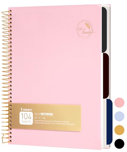 FLYING EAGLE 3 Subject Notebook Large Spiral Notebook 8.5 X 11, Pink Notebook for Women Men, 100 GSM Thick Paper 104 Sheets, Hardcover Notebook for Work, School, Writing, Note Taking Pink - color: 3.pink