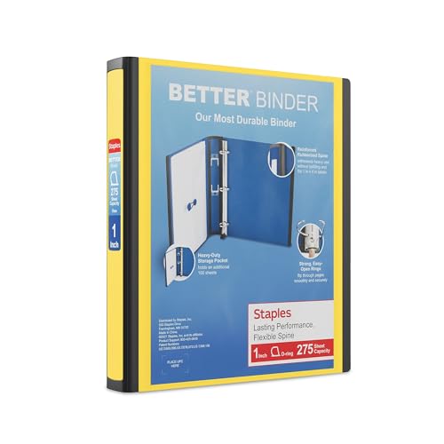 Staples Better Binder, 1" Heavy‑Duty D‑Ring 3‑Ring Binder, Yellow, Reinforced Spine, 275‑Sheet Capacity, Reliable School & Office Binder for Reports & Projects, 3‑Pack - color: Yellow, size: 1-Inch, style: 3 Pack