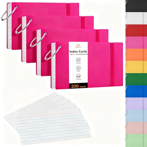 NEEWAY Ruled Index Cards with Ring 3x5 Inches, 200 Count Note Cards Lined, Flash Cards with Rings for Studying, Home and Office (Rose Red) - color: Rose Red