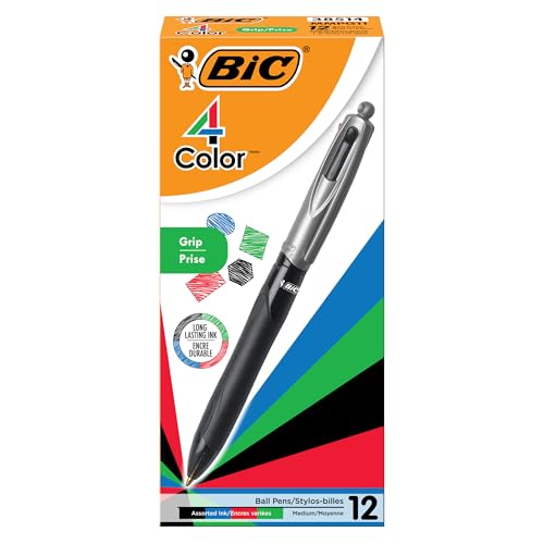 BIC 4 Color Grip Retractable Ballpoint Pen, Long-Lasting Ink and Comfortable Grip, 12-Count in Assorted Ink