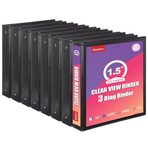 Comix Durable 1.5 Inch 3 Ring Binder with Clear Cover, 1.5" Round View Binder with 2 Interior Pockets, 300 Sheets Capacity of US Letter Size Paper, PVC-Free, Office School Supplies, 8 Pack (Black) - color: Black, size: 1.5 inch, style: 8 Pack
